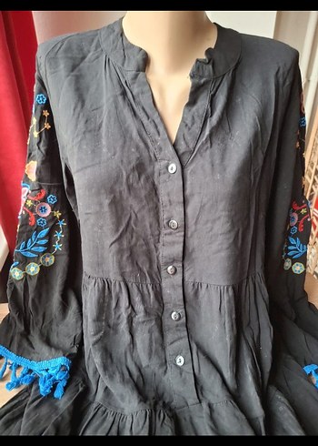 Püsküllü Nakışlı Bohem Uzun Kollu Elbise - Görsel 2