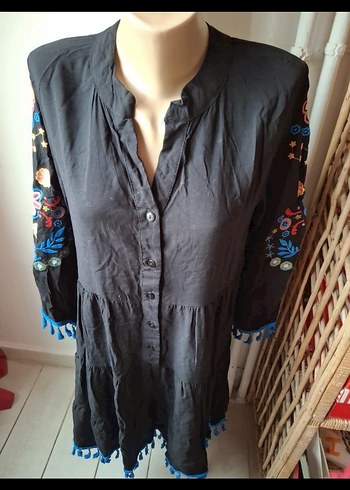 Püsküllü Nakışlı Bohem Uzun Kollu Elbise - Görsel 3