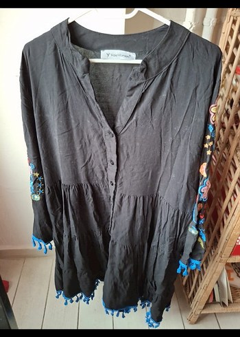 Püsküllü Nakışlı Bohem Uzun Kollu Elbise - Görsel 6