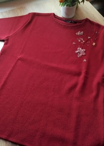 Sabri Özel İmzalı Bordo Nakışlı Kısa Kollu Triko Bluz - Görsel 5