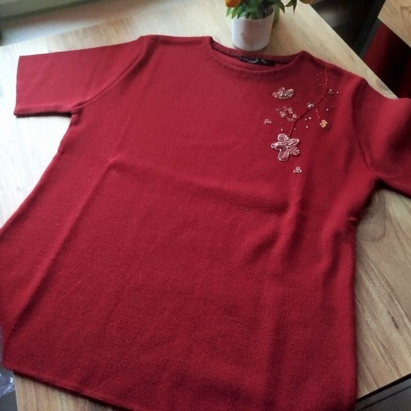 Sabri Özel İmzalı Bordo Nakışlı Kısa Kollu Triko Bluz - Görsel 5