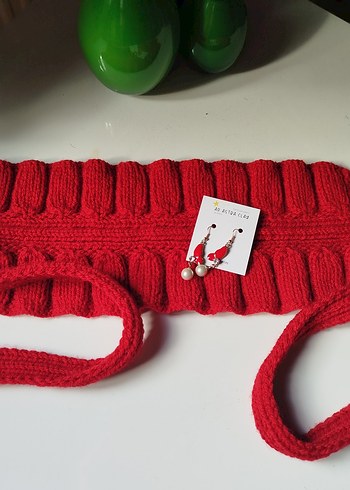 Küpe Hediyeli Tasarım Kırmızı Örgü Boyunluk - Görsel 7