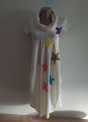 Yıldız İşli Krem Triko Elbise 