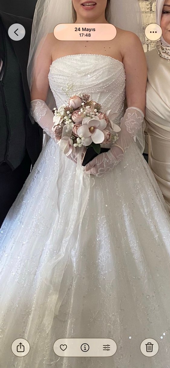 Uzun Beyaz Prenses Gelinlik straplez Yaka - Görsel 2