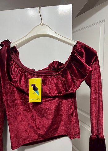 l Beden Bordo Kadife Fırfırlı Mini Bluz