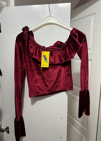 Bordo Kadife Fırfırlı Mini Bluz