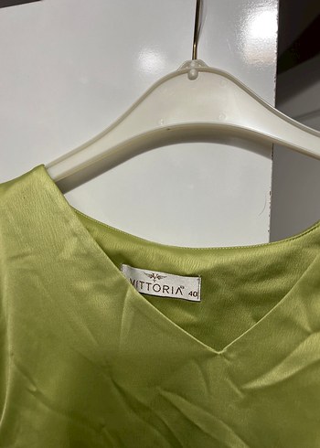 l Beden yeşil Renk Yeşil Mini Saten Bluz, Uzun Kollu, Salaş