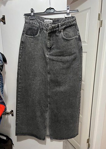 Gri Midi Denim Kadın Etek