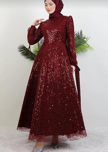 Bordo Payetli Uzun Abiye Elbise - Görsel 2