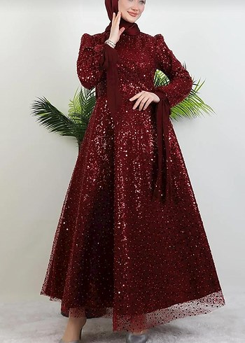 Bordo Payetli Uzun Abiye Elbise - Görsel 5