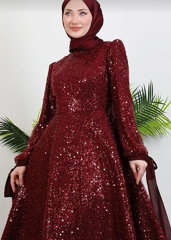 Bordo Payetli Uzun Abiye Elbise - Görsel 3