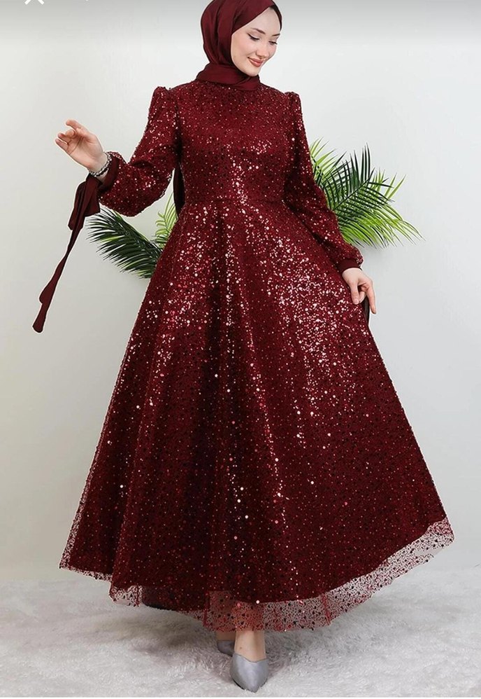 Bordo Payetli Uzun Abiye Elbise - Görsel 4