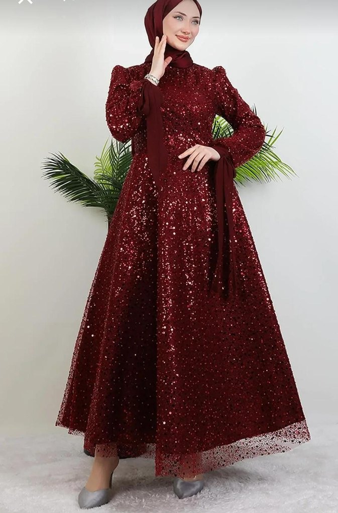 Bordo Payetli Uzun Abiye Elbise - Görsel 5