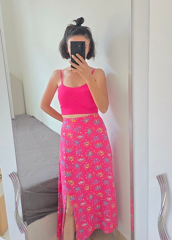 Diğer Pembe Midi Çiçek Desenli Salaş Etek