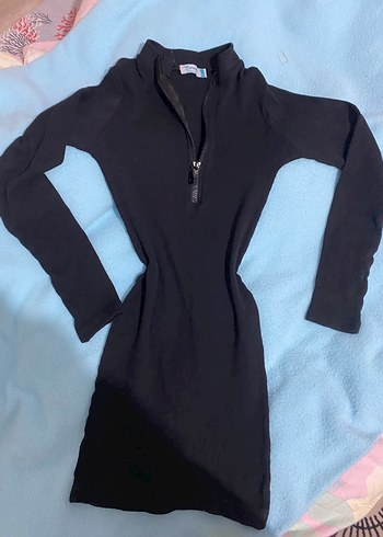 Siyah Yarım Fermuarlı Uzun Kollu Triko Elbise - Görsel 2