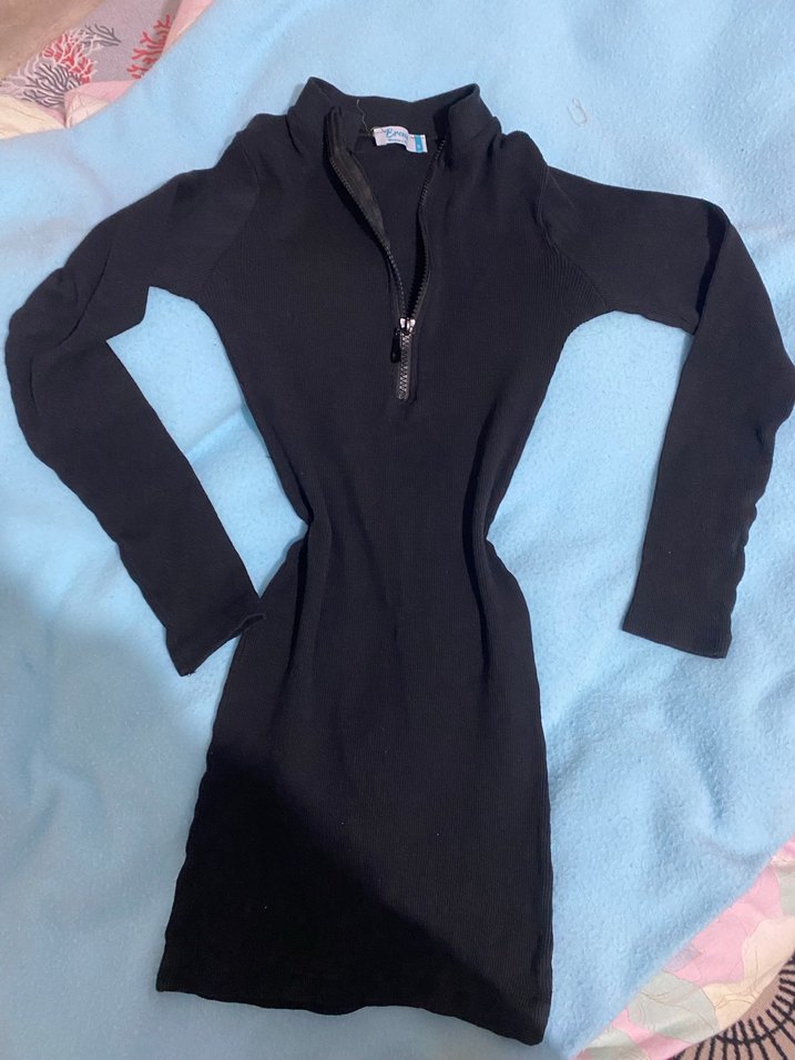 Siyah Yarım Fermuarlı Uzun Kollu Triko Elbise - Görsel 2