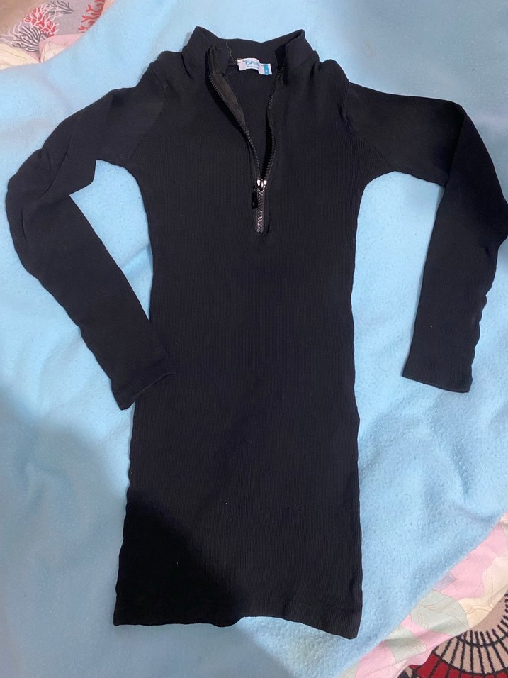 Siyah Yarım Fermuarlı Uzun Kollu Triko Elbise - Görsel 3