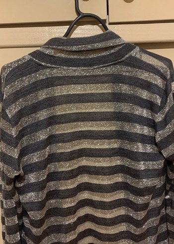 Gri Çizgili Kadın Midi Hırka Transparan simli - Görsel 6