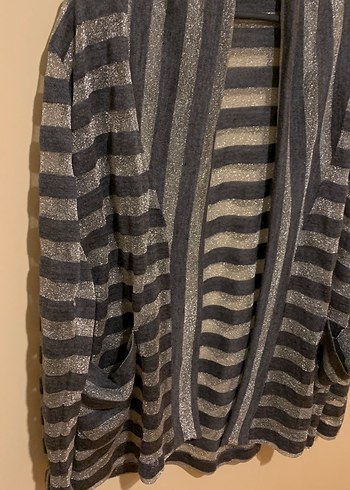 Gri Çizgili Kadın Midi Hırka Transparan simli - Görsel 2