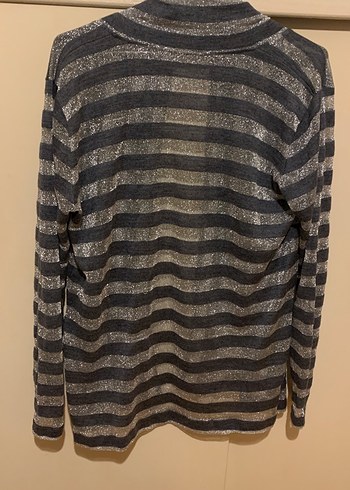 Gri Çizgili Kadın Midi Hırka Transparan simli - Görsel 3