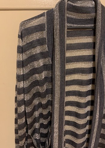 Gri Çizgili Kadın Midi Hırka Transparan simli - Görsel 4