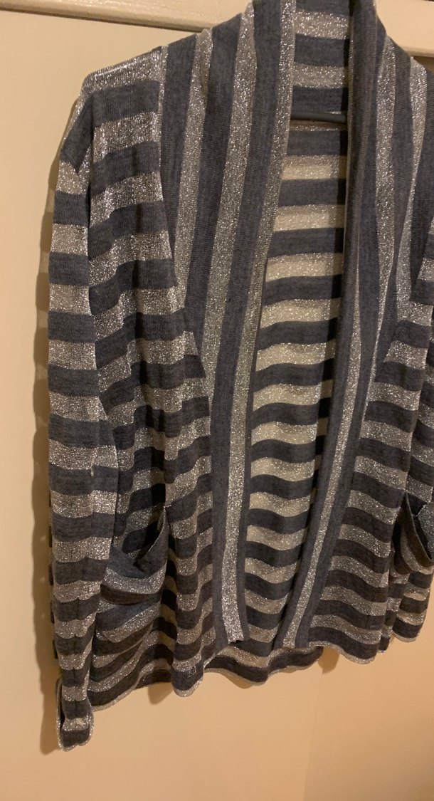 Gri Çizgili Kadın Midi Hırka Transparan simli - Görsel 2