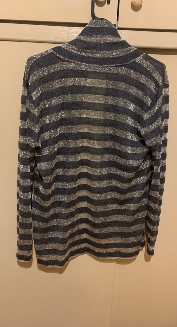 Gri Çizgili Kadın Midi Hırka Transparan simli - Görsel 3