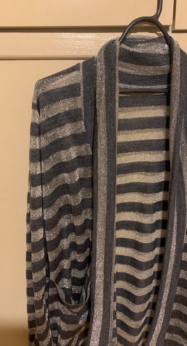 Gri Çizgili Kadın Midi Hırka Transparan simli - Görsel 4