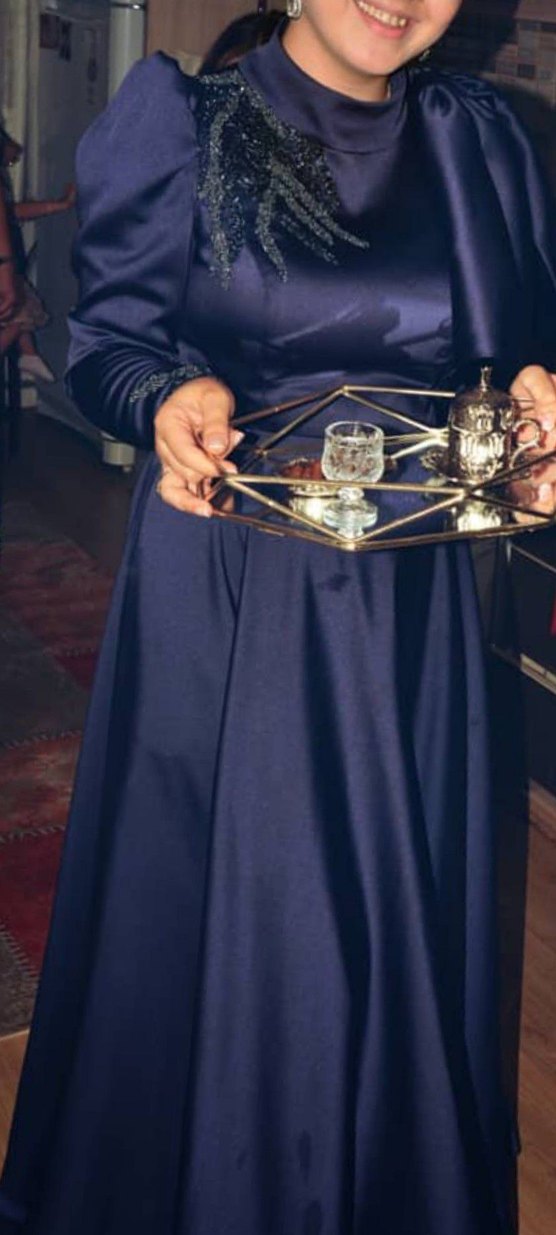 Nakışlı Lacivert Uzun Kollu Kadın Abiye Elbise - Görsel 2