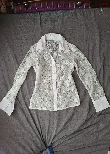 Dantel Detaylı Beyaz Uzun Kollu Kadın Gömlek - Görsel 2