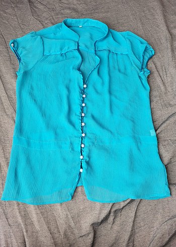 Düğmeli Turkuaz Keten Bohem Kadın Gömlek - Görsel 3