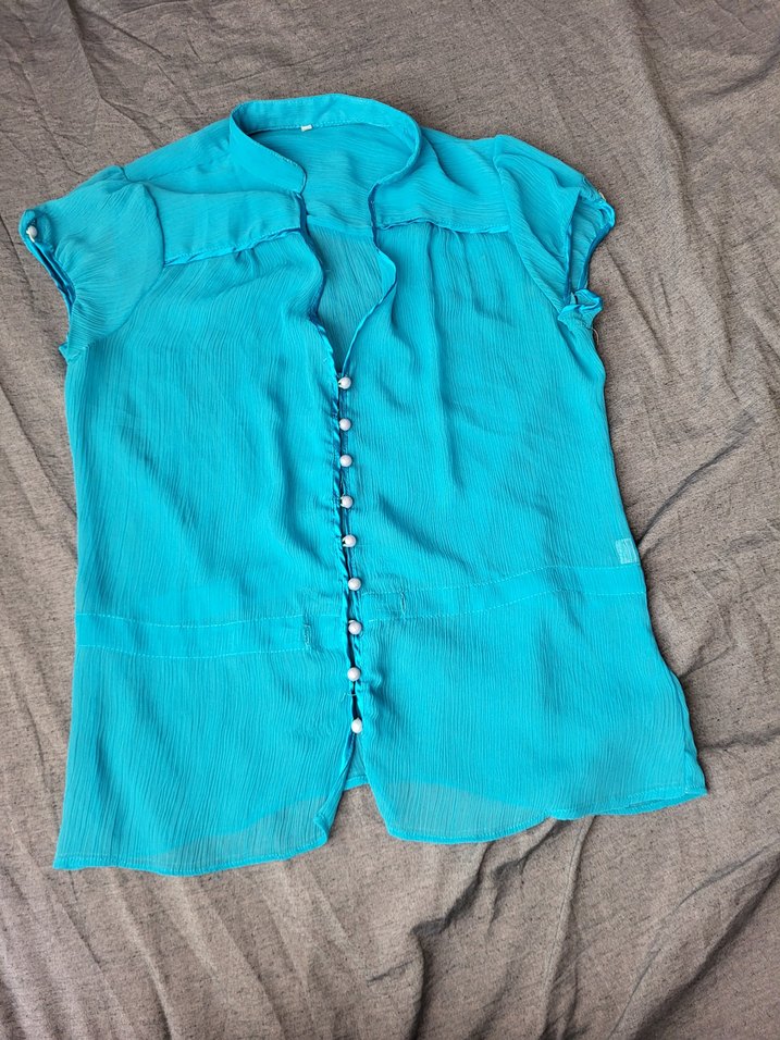 Düğmeli Turkuaz Keten Bohem Kadın Gömlek - Görsel 2