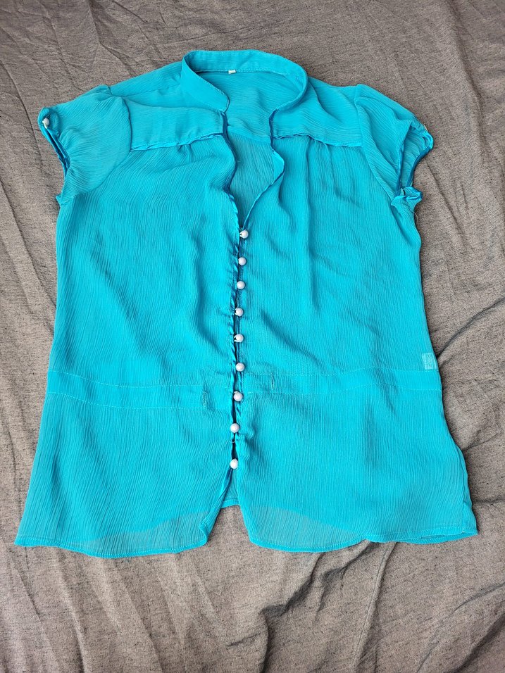 Düğmeli Turkuaz Keten Bohem Kadın Gömlek - Görsel 3