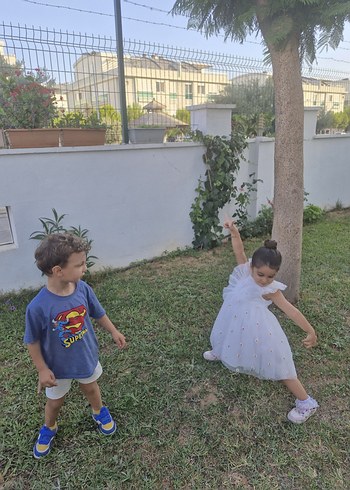 Beyaz Bağlama Desenli Pamuklu Kız Elbisesi