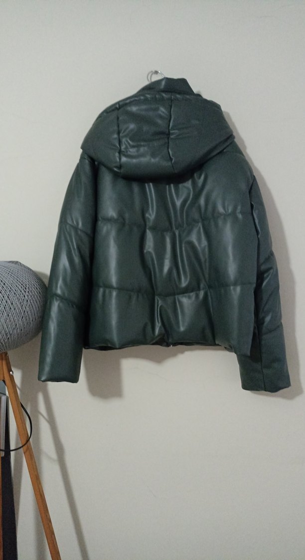 Koyu Yeşil Deri mont - Görsel 3
