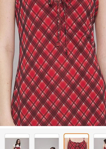 Kareli Kırmızı Midi Elbise - Görsel 3