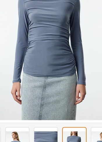 mavi  Drapeli Uzun Kollu Tekne Yaka Bluz - Görsel 2