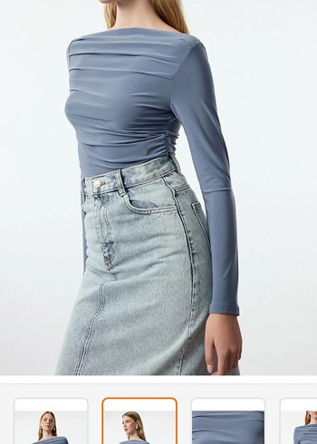 mavi  Drapeli Uzun Kollu Tekne Yaka Bluz - Görsel 4