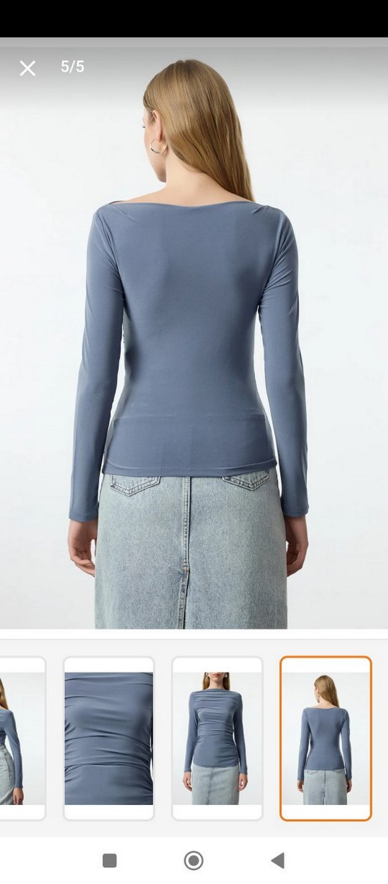 mavi  Drapeli Uzun Kollu Tekne Yaka Bluz - Görsel 3