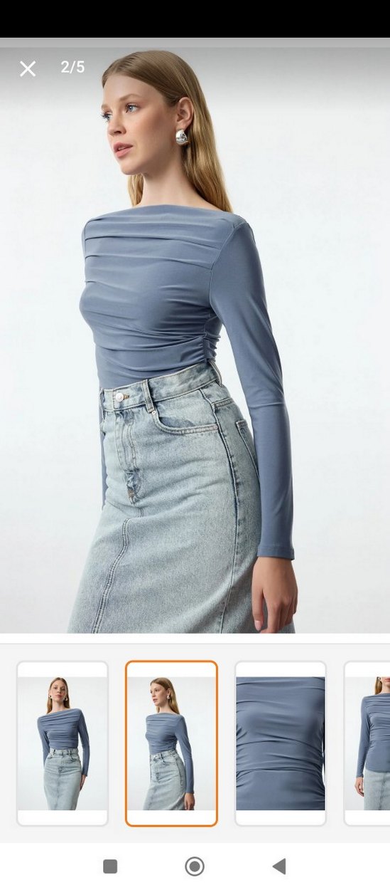 mavi  Drapeli Uzun Kollu Tekne Yaka Bluz - Görsel 4