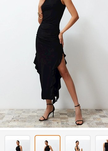 Siyah Drapeli Uzun Straplez Elbise - Görsel 2