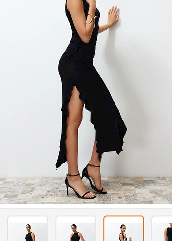 Siyah Drapeli Uzun Straplez Elbise - Görsel 3