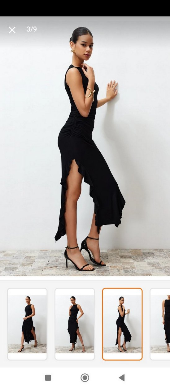 Siyah Drapeli Uzun Straplez Elbise - Görsel 3