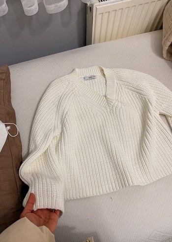 Kadın Beyaz V Yaka Örgü Pamuk Kazak - Görsel 3