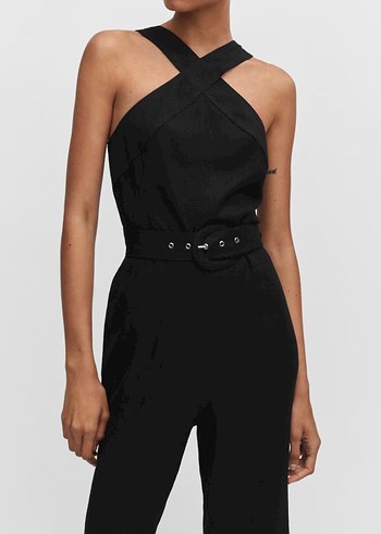 Kadın Siyah Midi Kemerli Uzun Tulum - Görsel 4