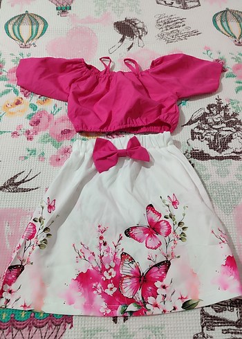 Pembe Askılı Kelebek Desenli Kız Elbisesi