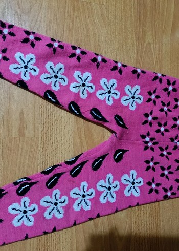 Kız Çocuk Pembe Çiçekli Triko Tayt - Görsel 3