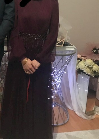 Bordo Uzun Kollu Nakışlı Abiye Elbise