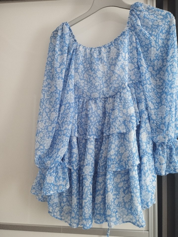 Mavi Bohem Uzun Kollu Mini Elbise - Görsel 2