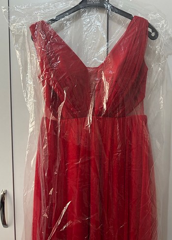 Klasik V Yaka Uzun Kırmızı Tül Abiye Elbise - Görsel 7